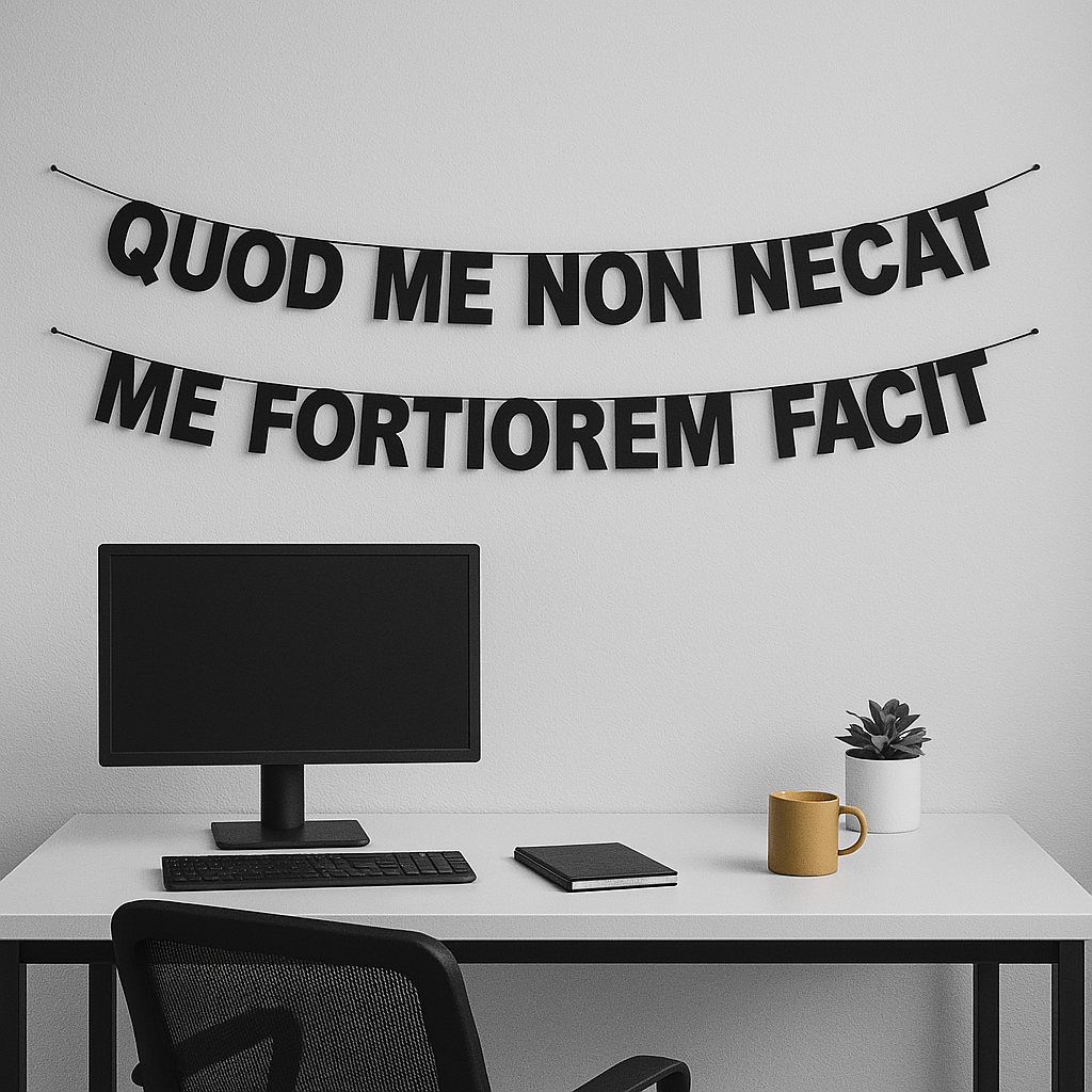 Letterketting  "Quod me non necat, me fortiorem facit" (Wat mij niet doodt, maakt mij sterker). Cadeau.